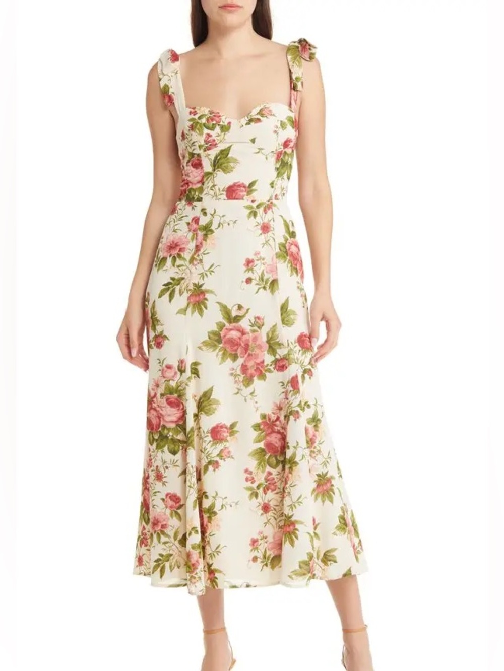 Reformation Nadira Cream Floral Slip Dress with Pink and Green Roses